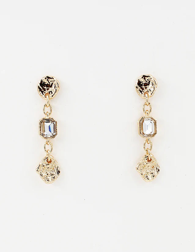 Gold Hammered Coin with Clear Crystal Drop 2" Earrings