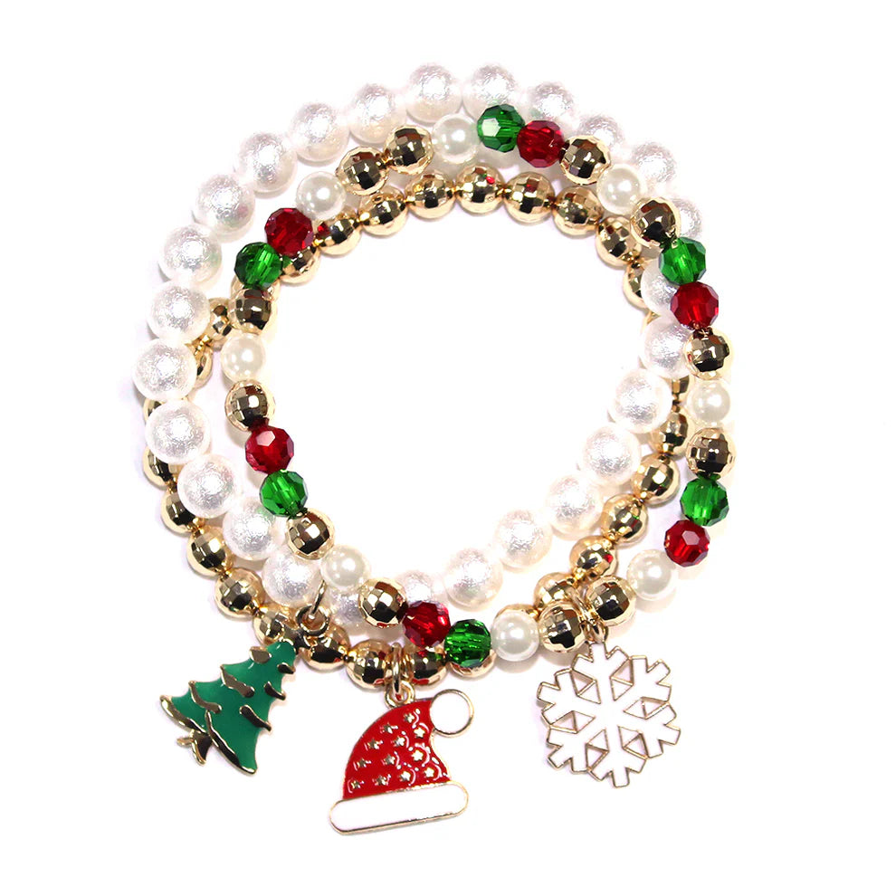 Pearl, Red/Green, and Gold Set of Three Stretch Bracelets with Christmas Charms