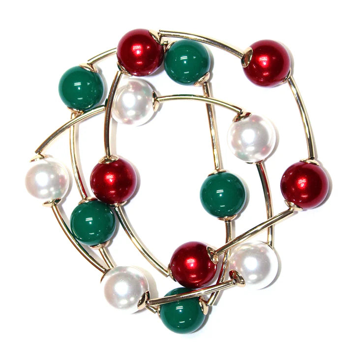 Pearl, Red/Green & Gold Set of 3 Stretch Bracelet