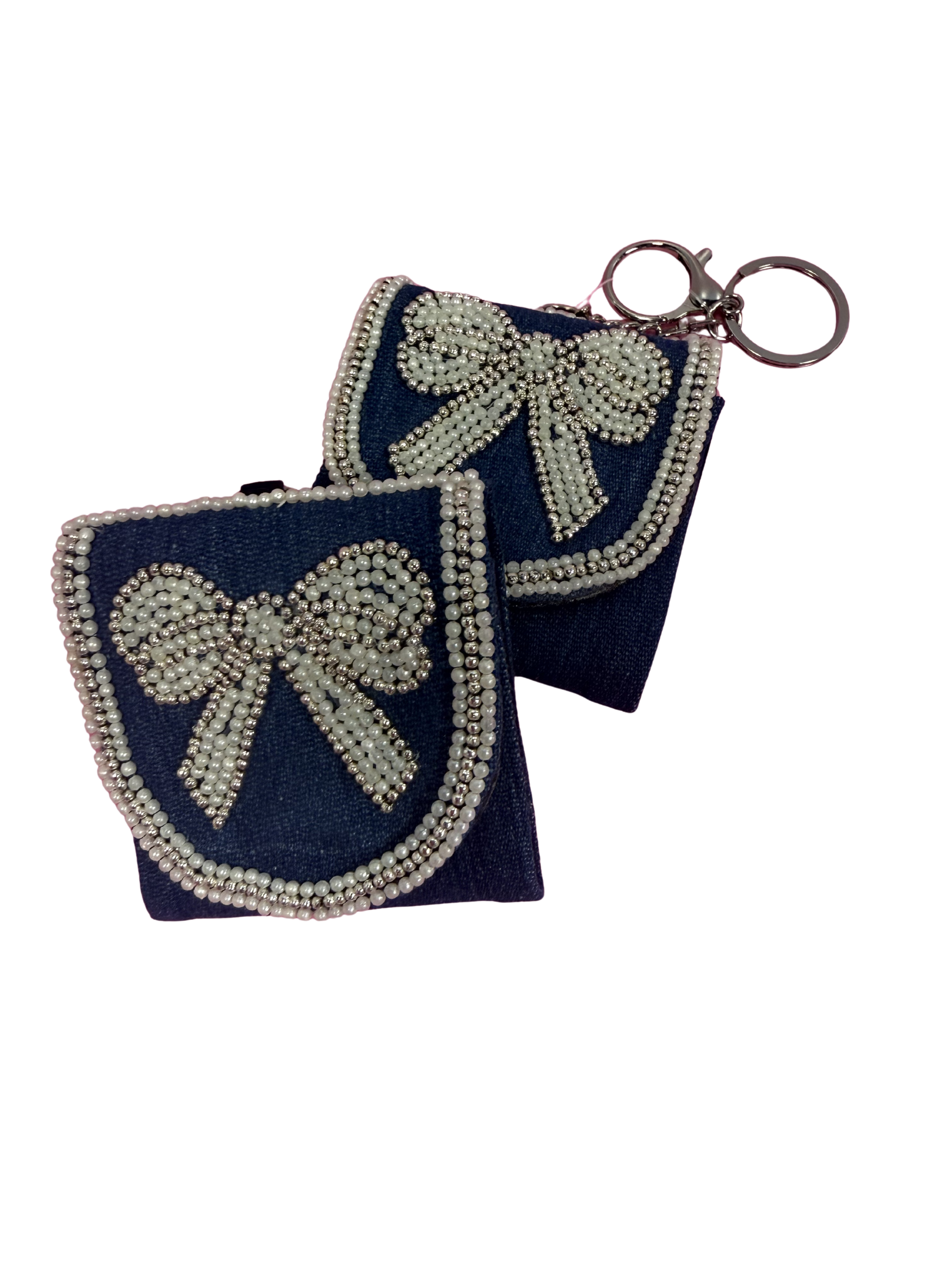 Denim Bow Beaded Mini Pouch