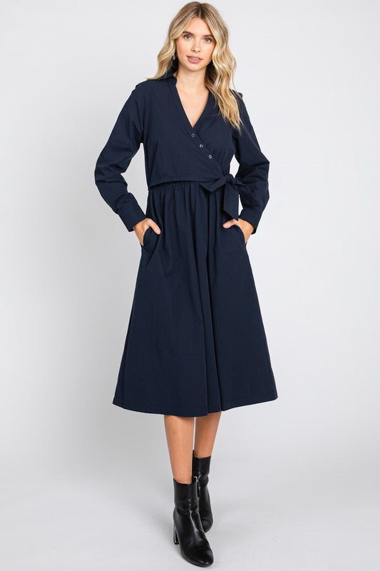 Navy Long Sleeve Shirt Midi Dress with Crossover Detail