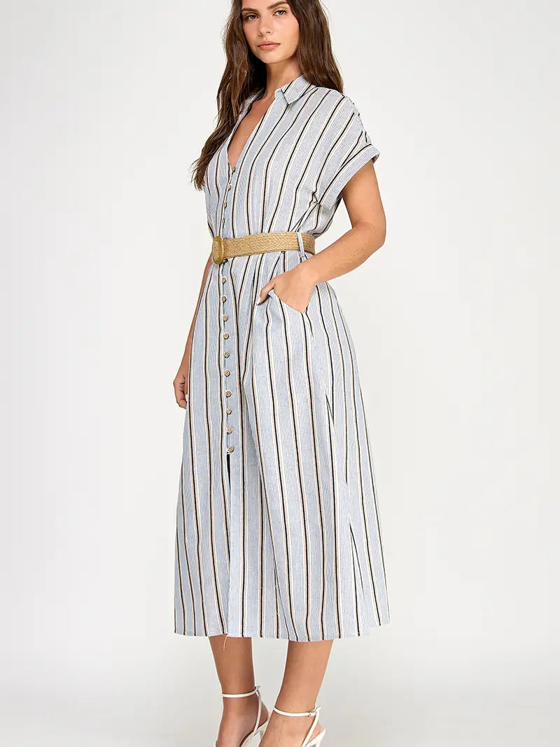 Striped Button Down Belted Midi Dress