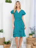 Flurries of Dots Print Faux Wrap Dress in Teal Blue