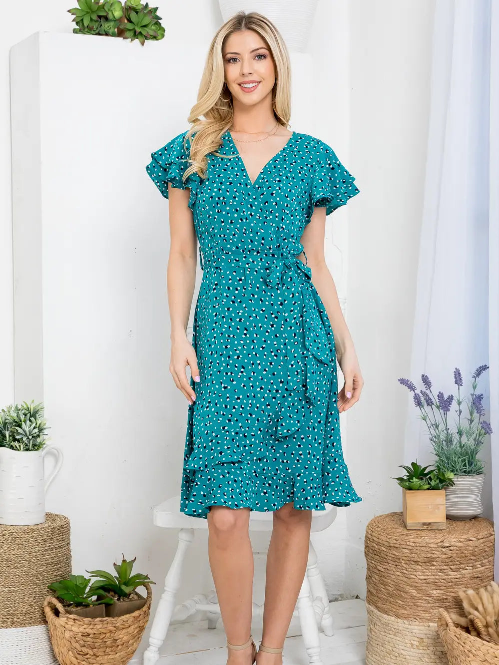 Flurries of Dots Print Faux Wrap Dress in Teal Blue