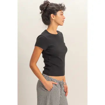 Black Ribbed Crew Neck Fitted Top