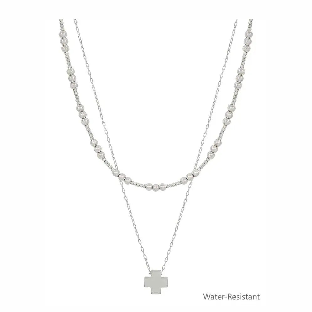 4mm Beaded and Gold Cross Layered 16"-18" Necklace