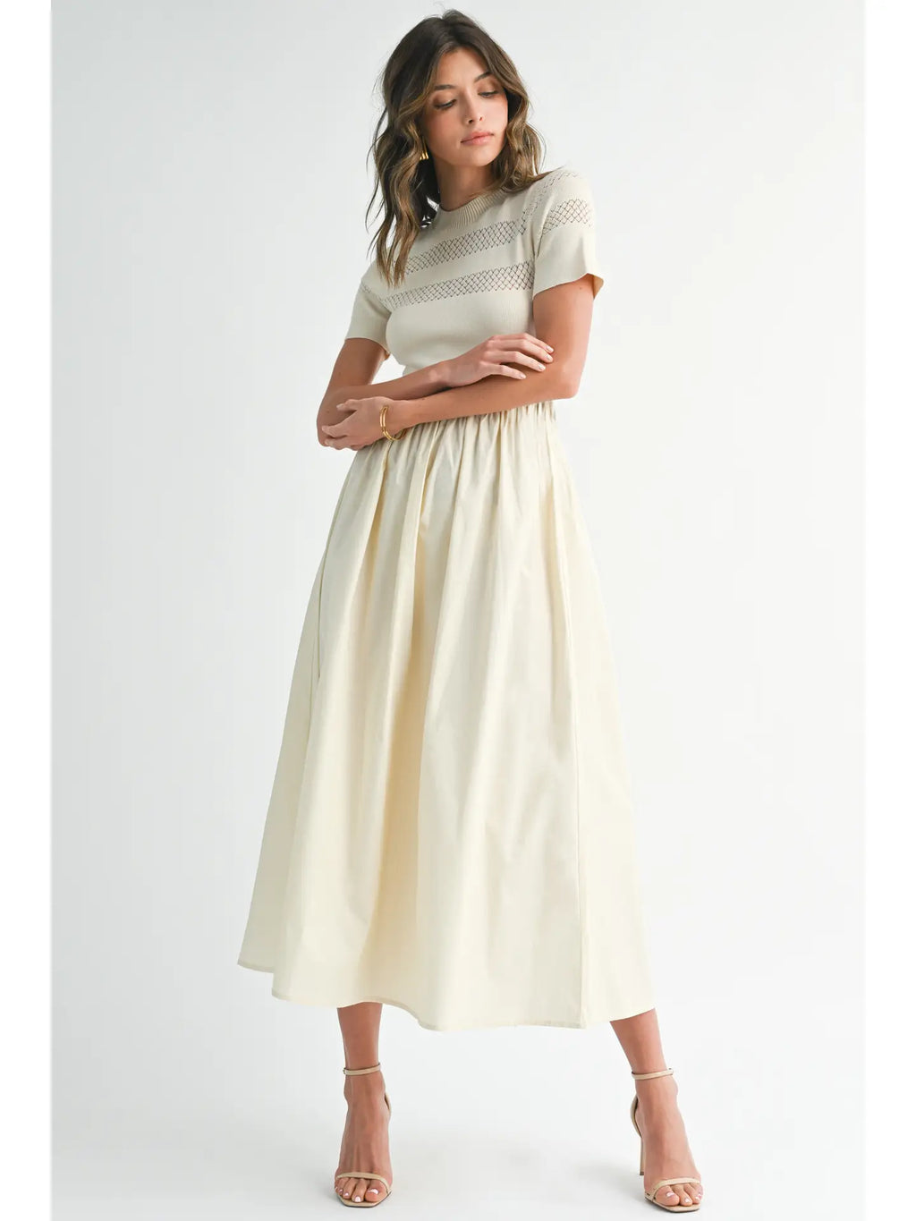 Knit and Woven Contrast Midi Dress