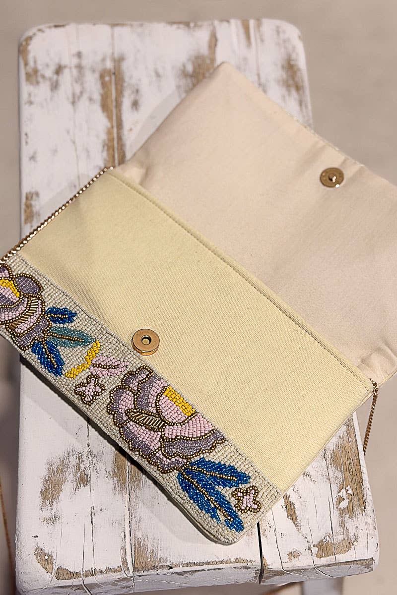 Floral Beaded Chain Strap Ivory Bag