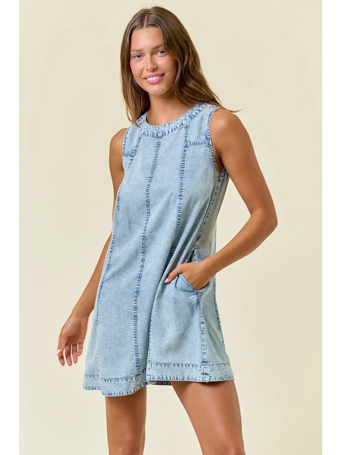 Chambray Round Neckline Sleeveless A-Line Mini Dress