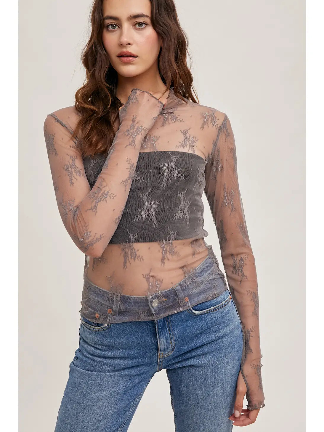 Floral Embroidery Lace Mesh Layering Top- Mauve