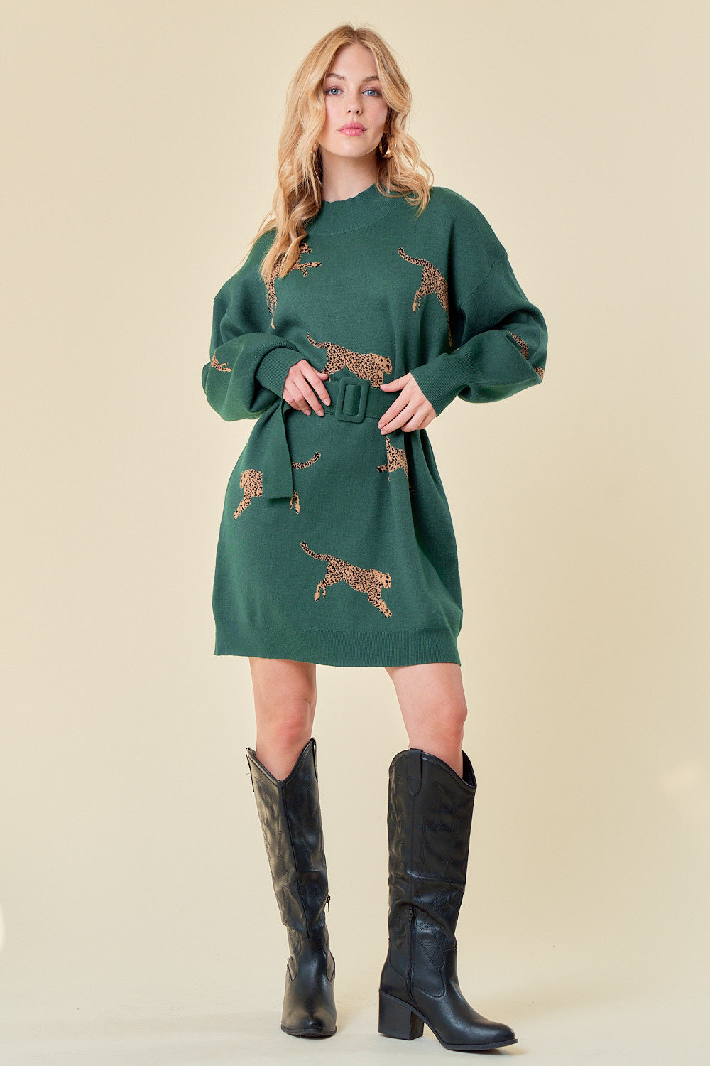Knit Green Cheetah Sweater Belted Dress