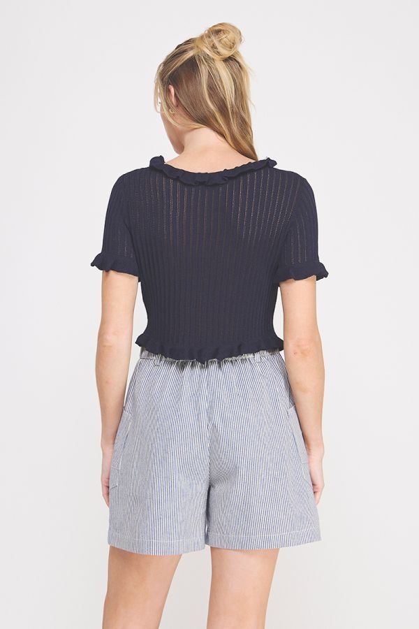 Navy Pointelle Tie Top