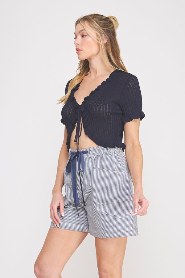 Navy Pointelle Tie Top