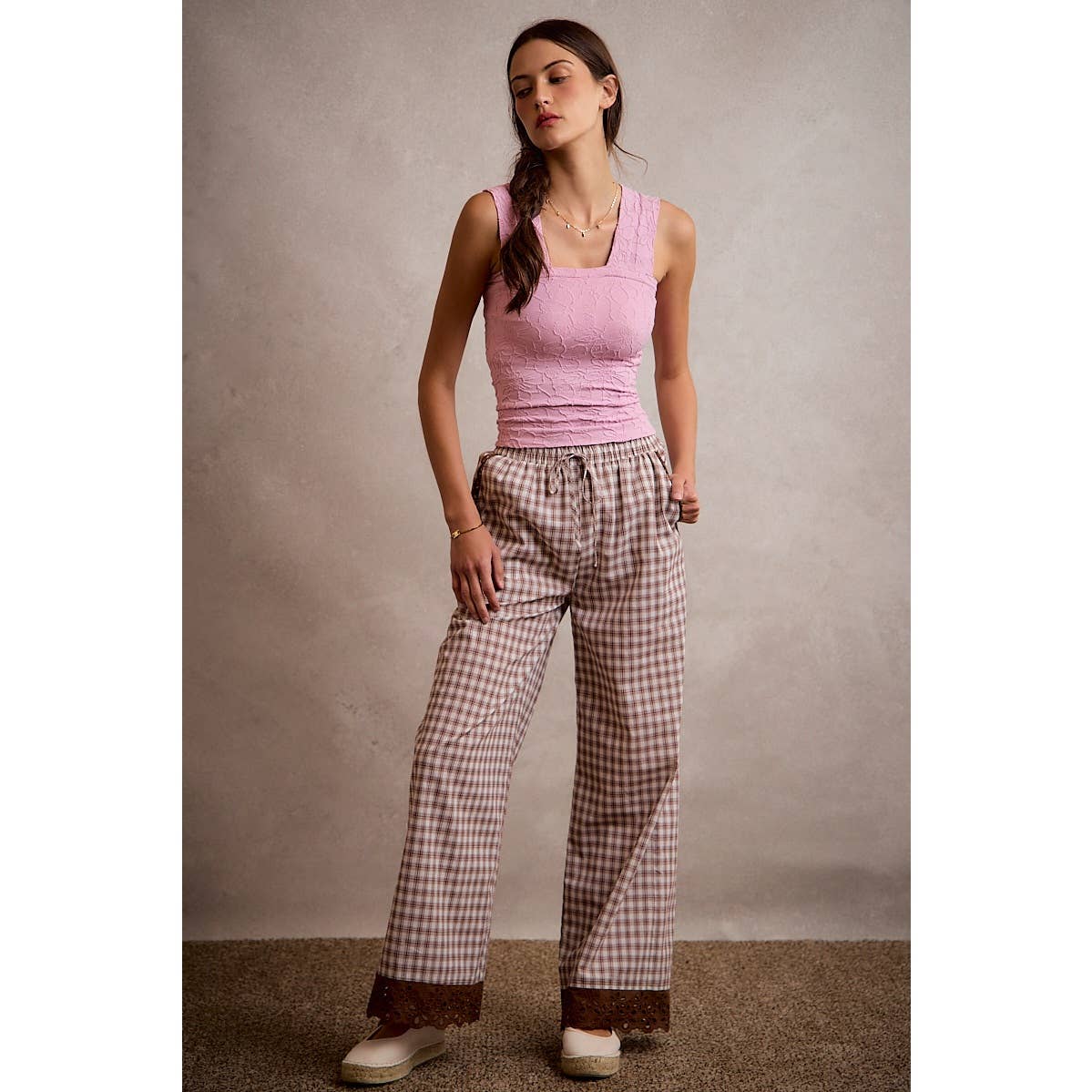 Gingham Lace Trim Wide Leg Pant