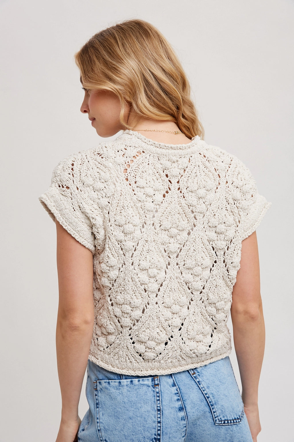 Knit Short-Sleeve Crop Sweater Pullover