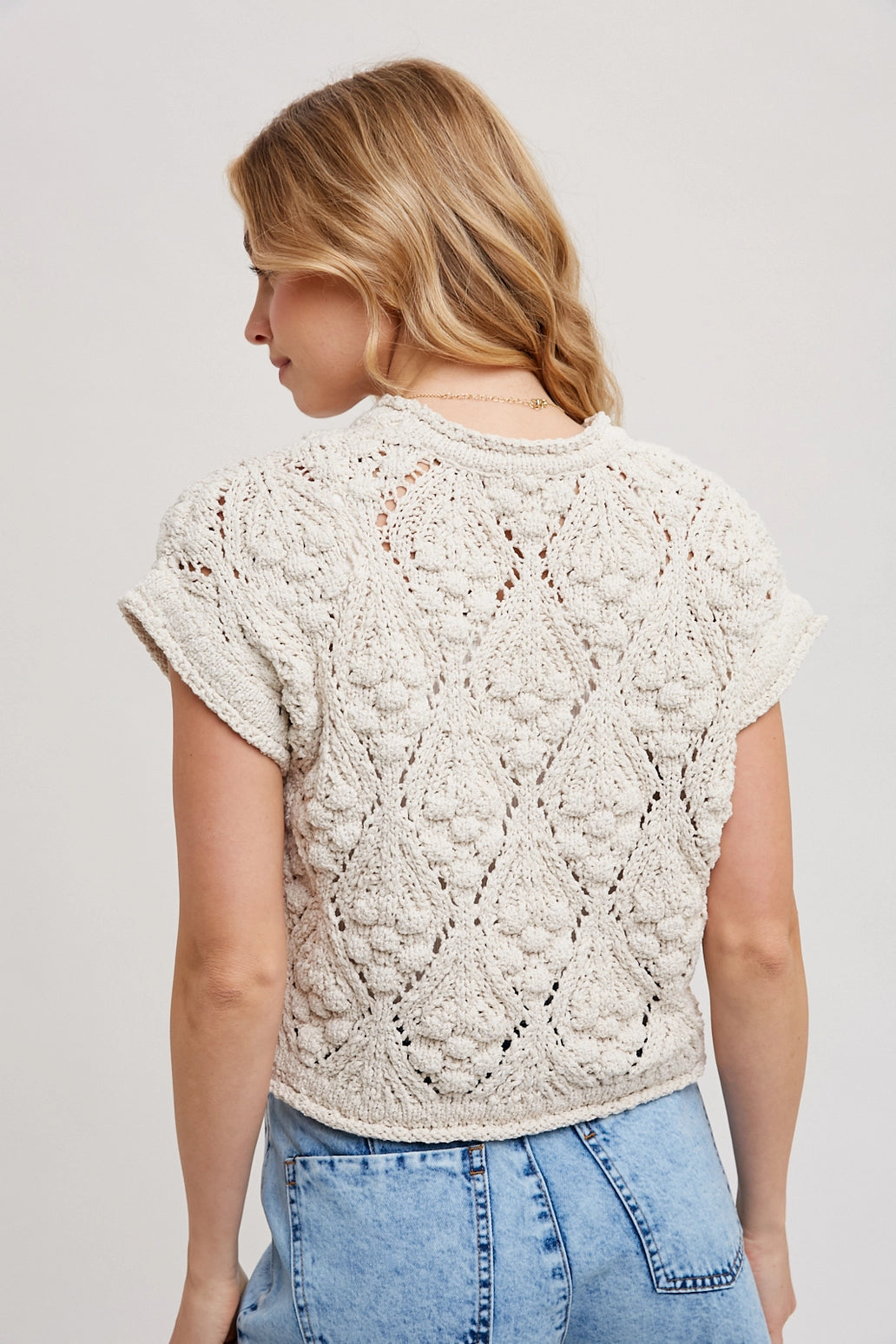Knit Short-Sleeve Crop Sweater Pullover