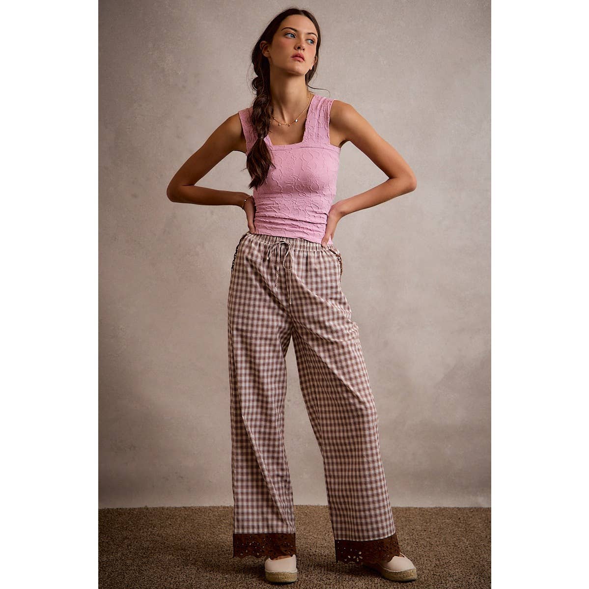 Gingham Lace Trim Wide Leg Pant