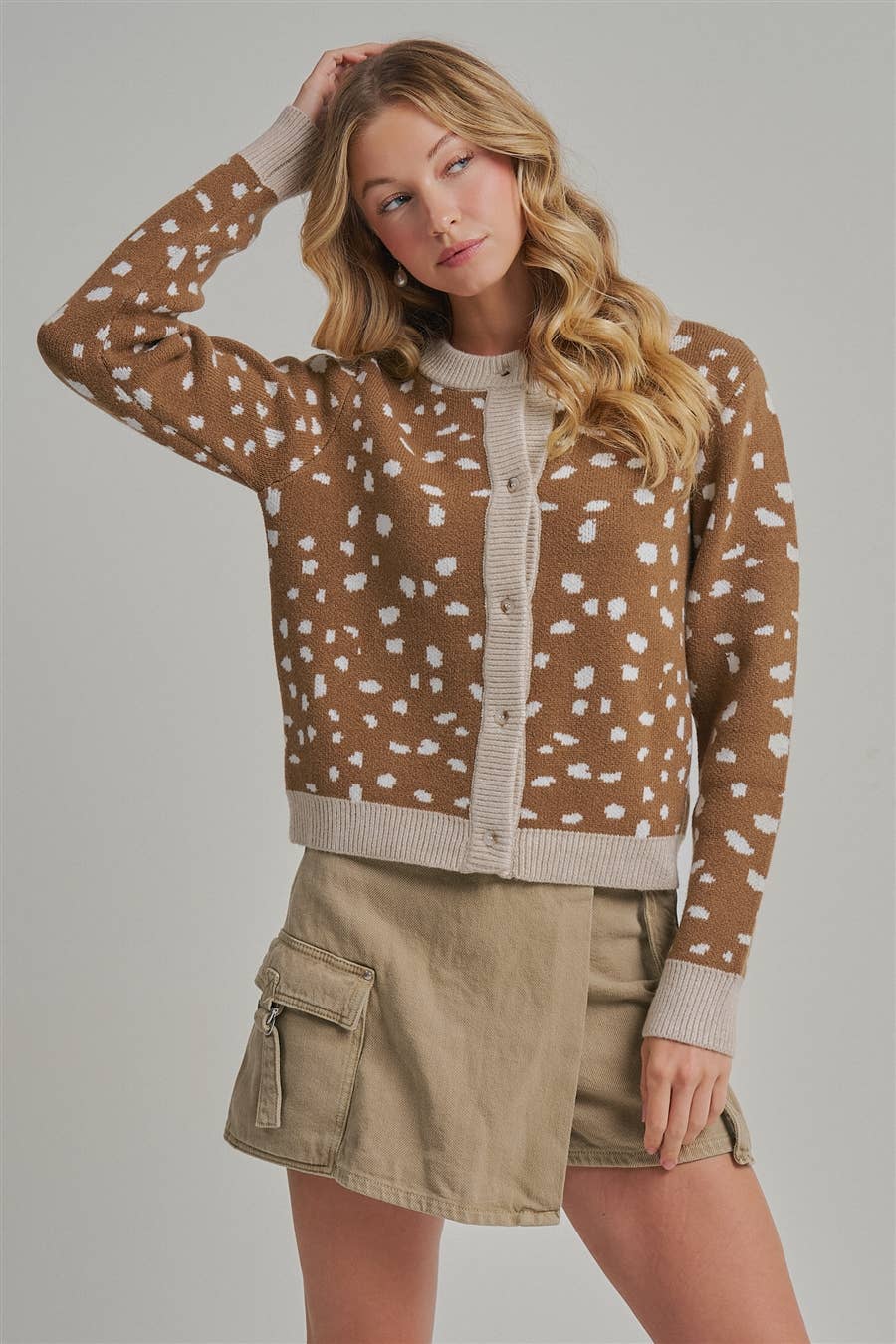Deer Pattern Contrast Trim Cardigan