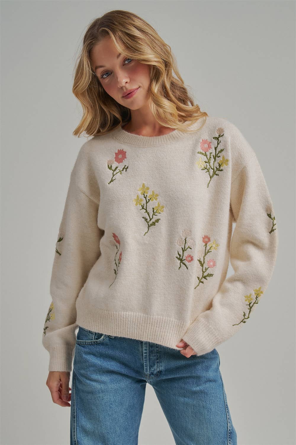 Scattered Embroidered Floral Sweater