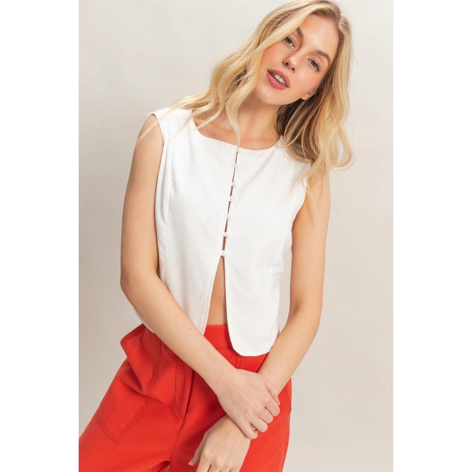 White Sleeveless Button Vest