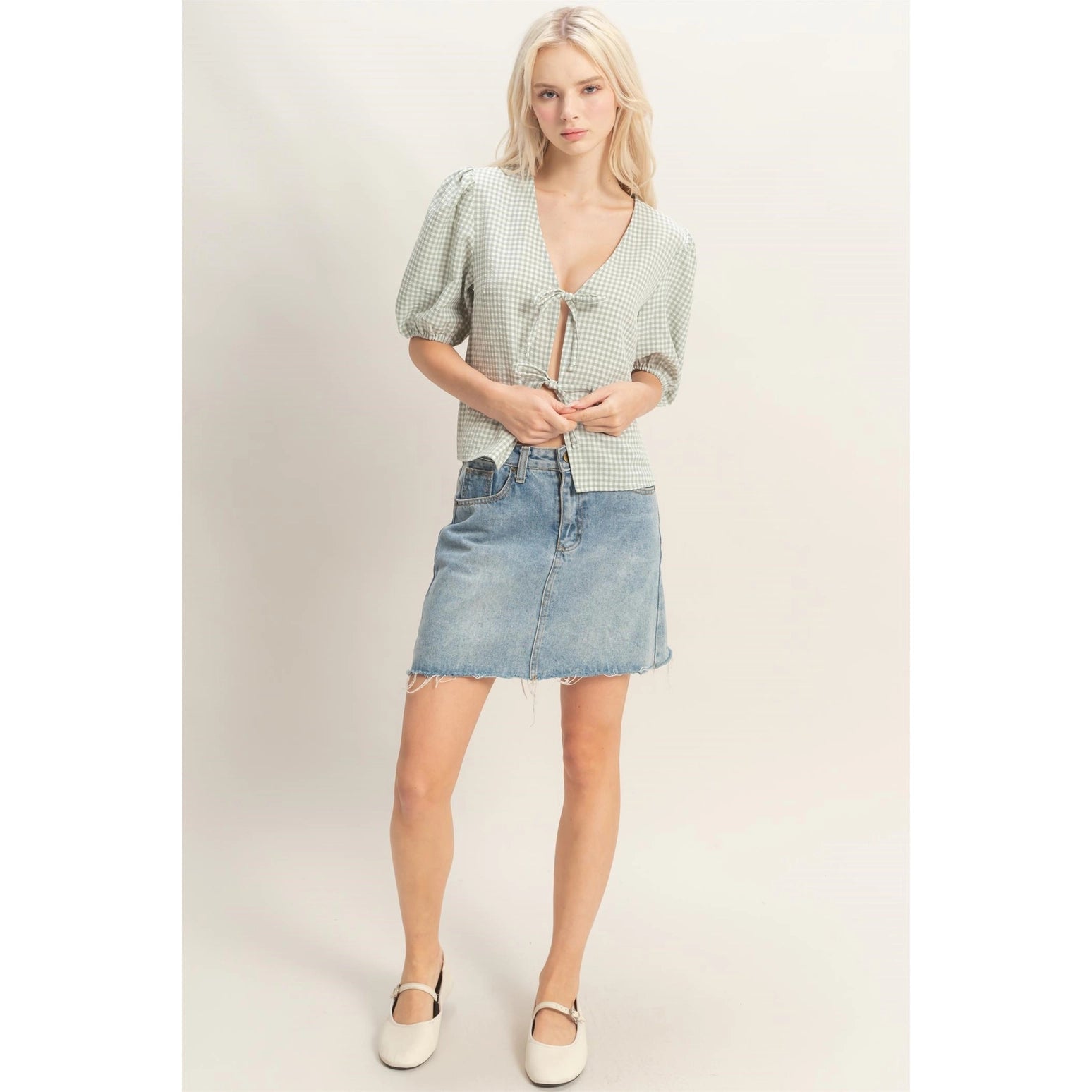 Gingham Bow Front Blouse