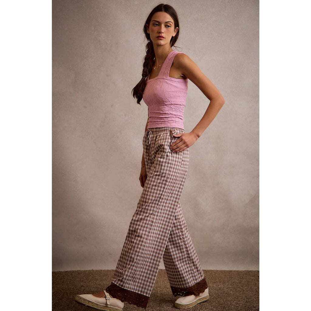Gingham Lace Trim Wide Leg Pant