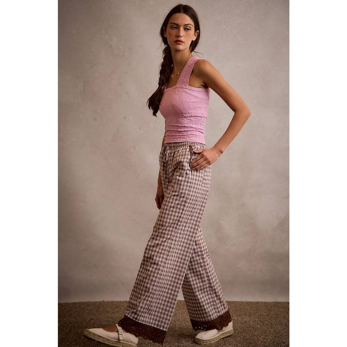 Gingham Lace Trim Wide Leg Pant