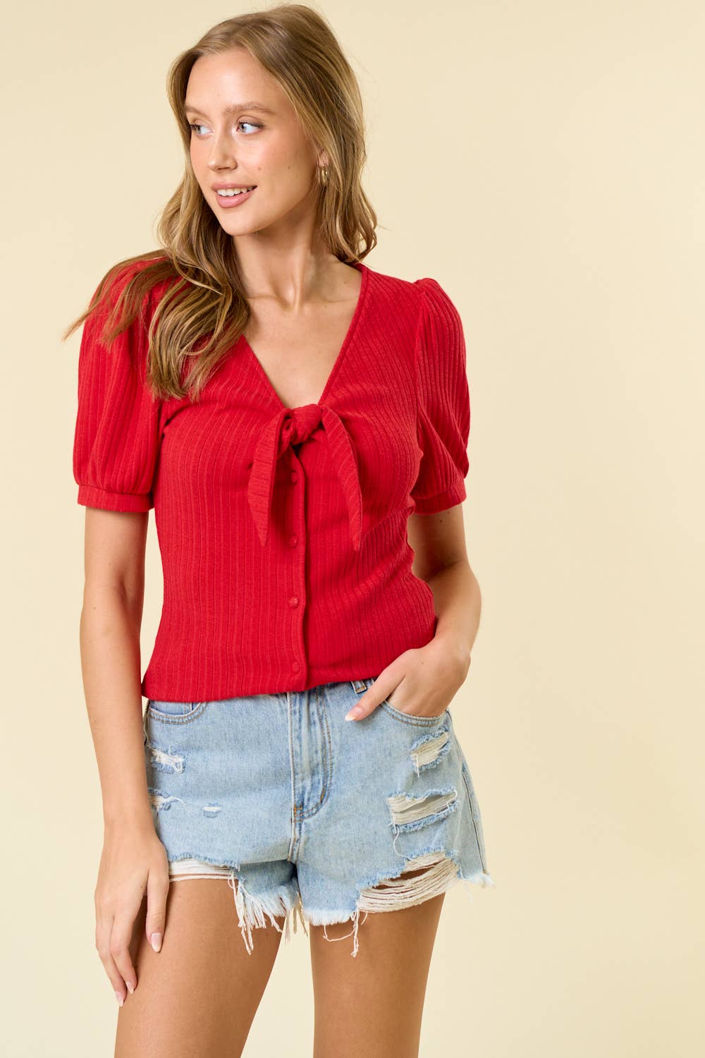 TIE FRONT POINTELLE KNIT BLOUSE