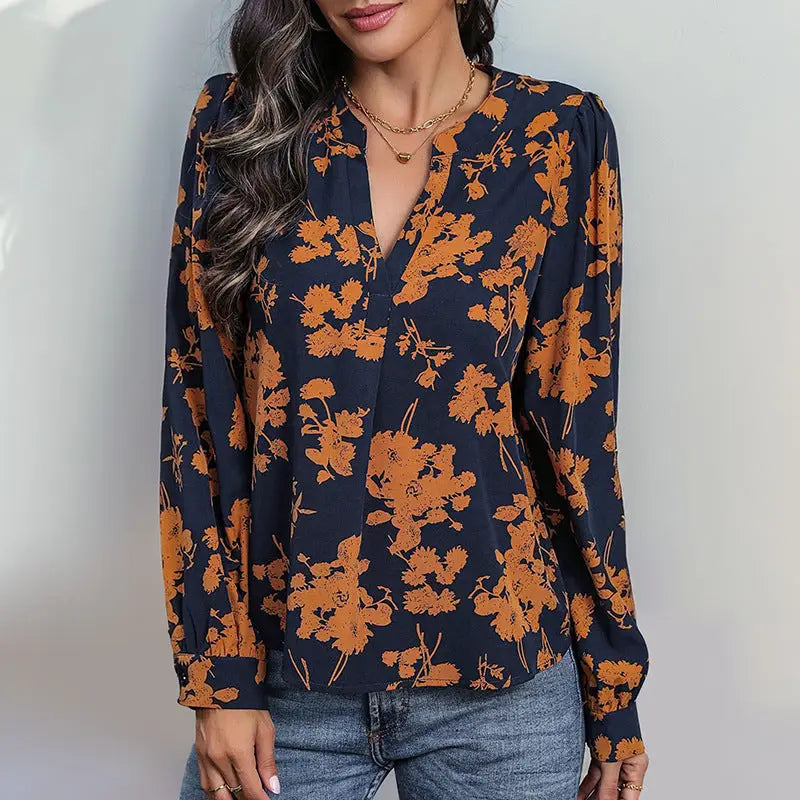 Navy Floral Long Sleeve Blouse