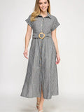 Belted Short Sleeve Striped Full Dress