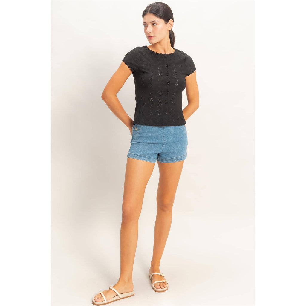 Black Eyelet Button Front Top