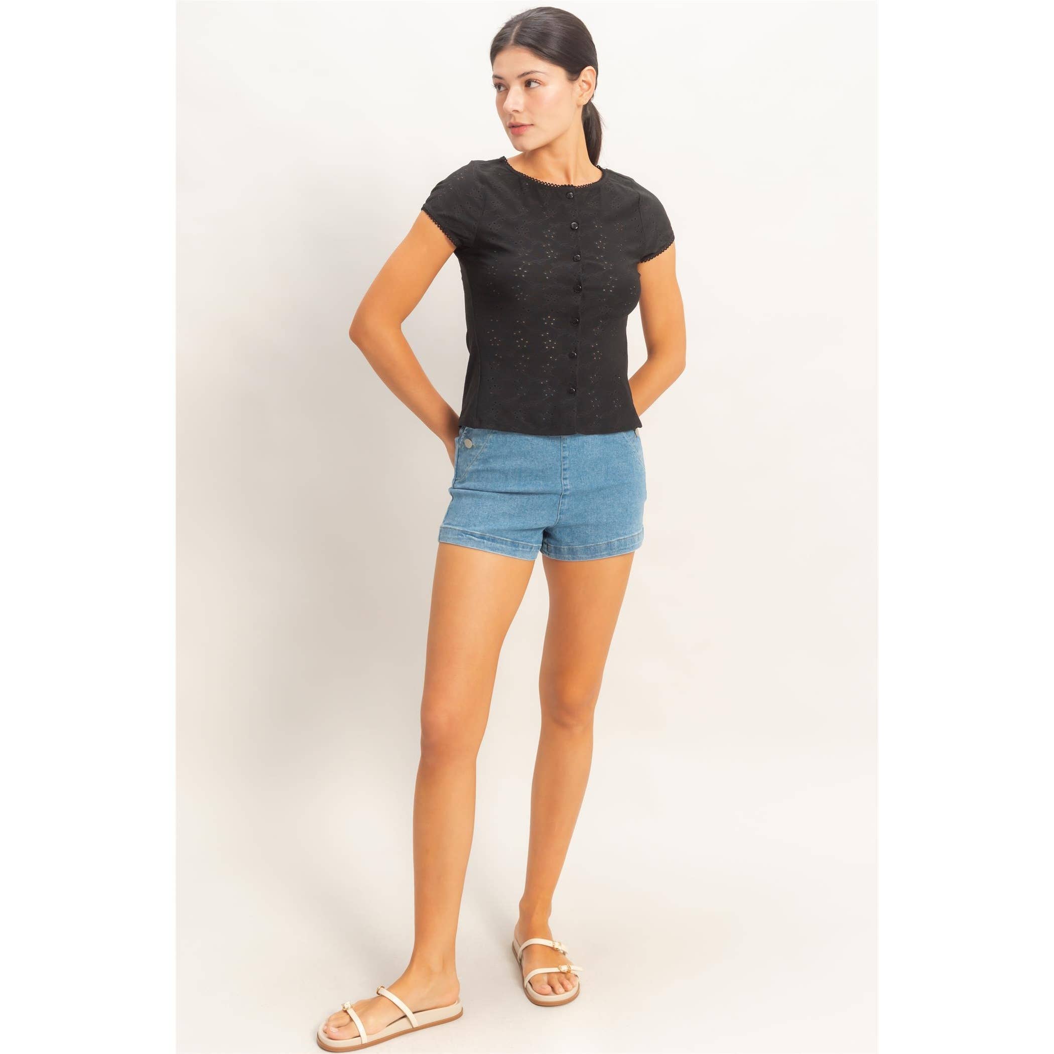 Black Eyelet Button Front Top
