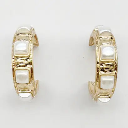 Gold 1.25" Earring with Pearl Square Stone Accents