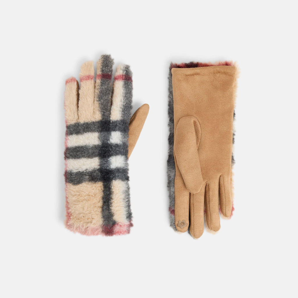 Faux Fur Plaid Touchscreen Gloves