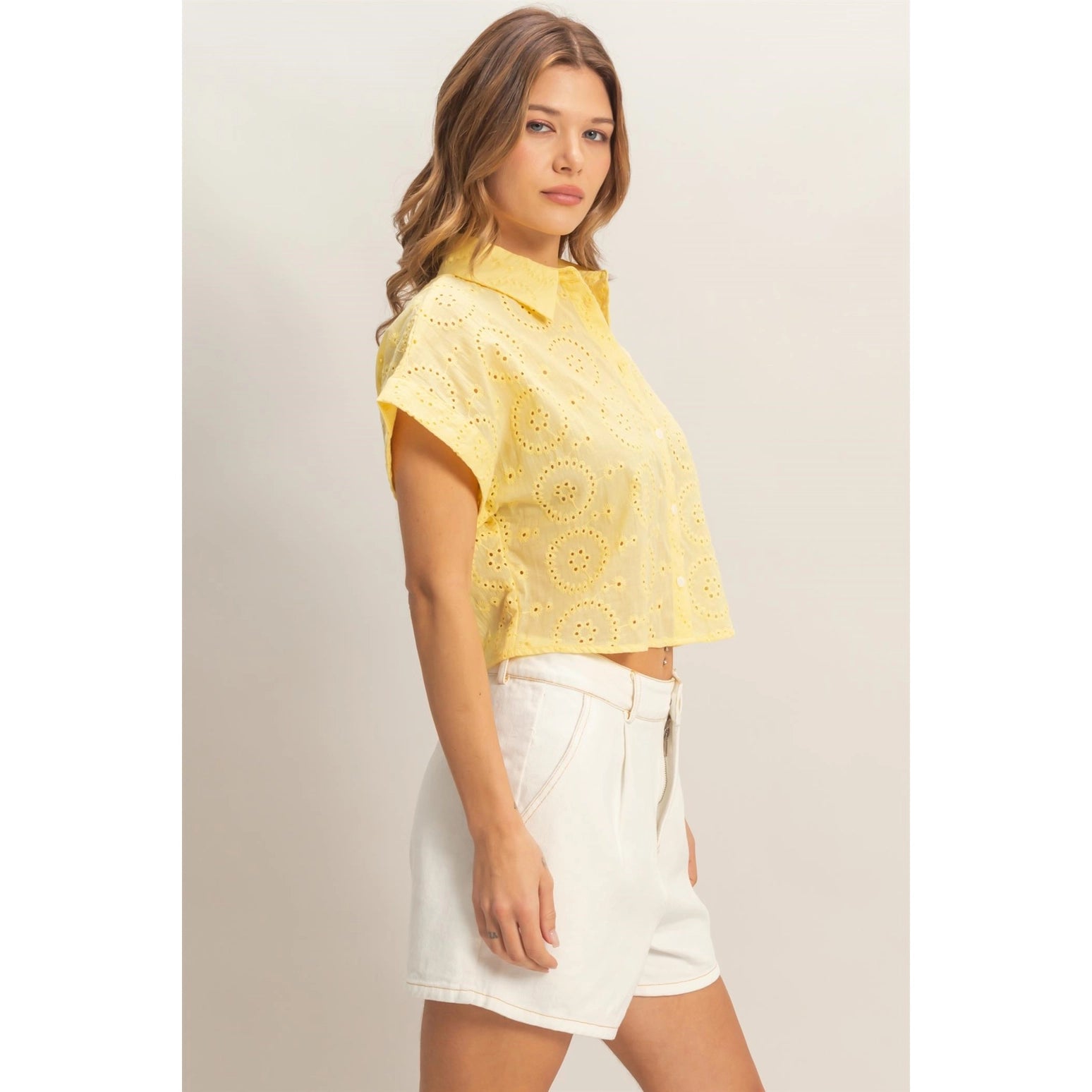 Eyelet Cropped Button-Up Shirt