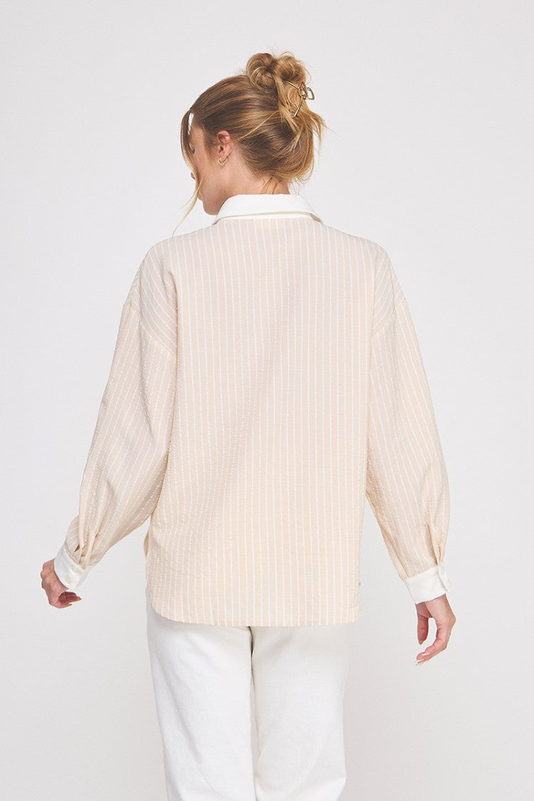 Sand Crinkle Strip Button Up
