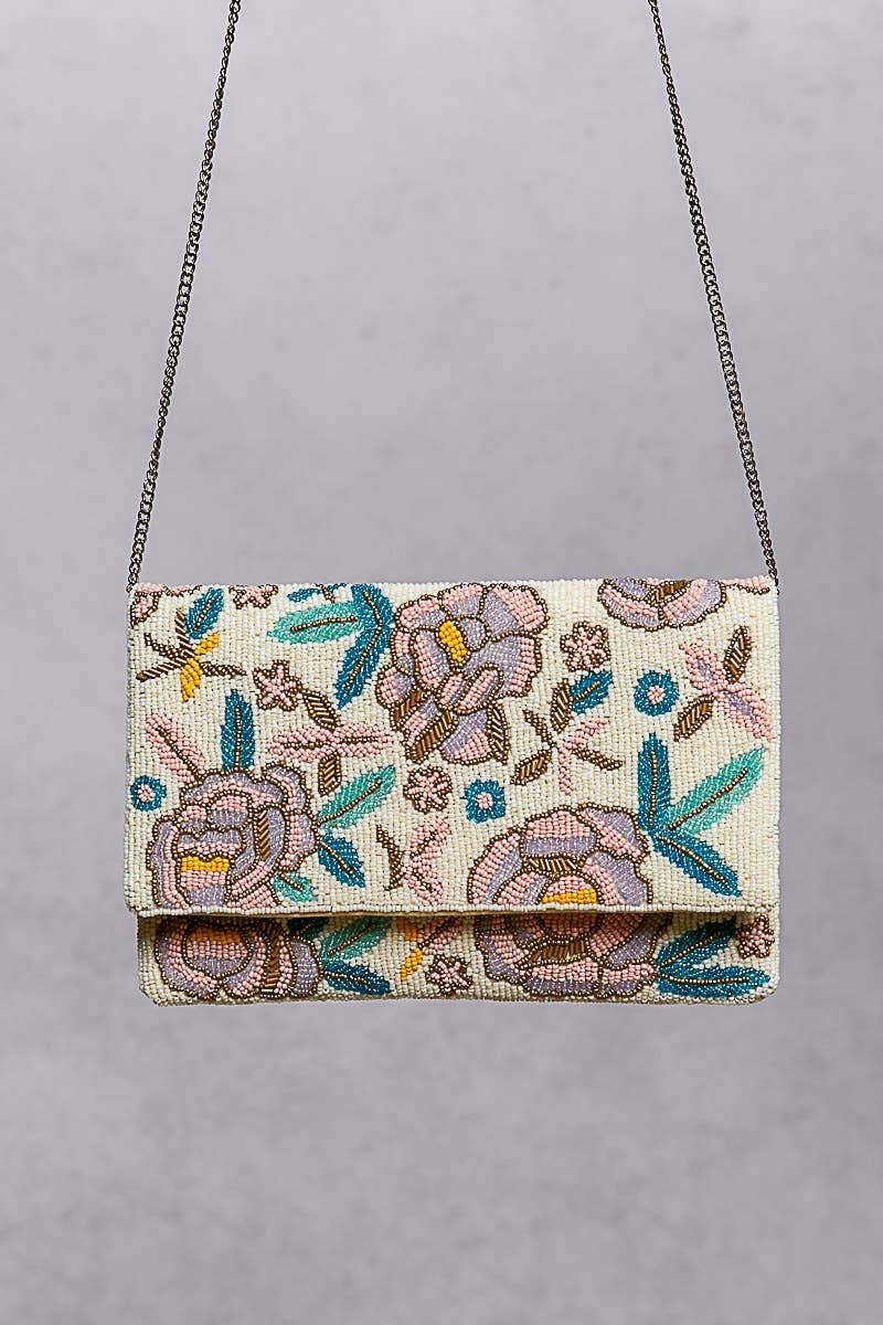 Floral Beaded Chain Strap Ivory Bag