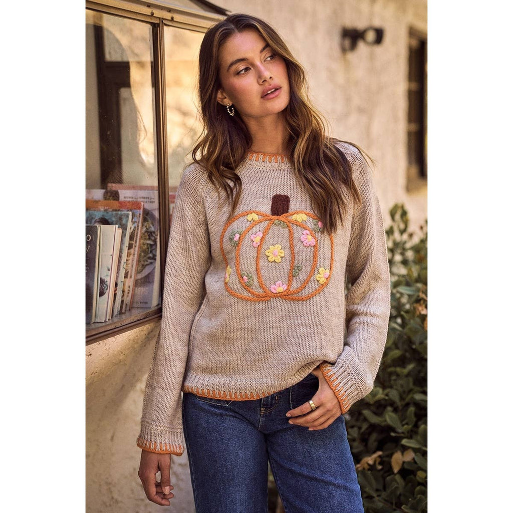 Pumpkin Embroidered Sweater