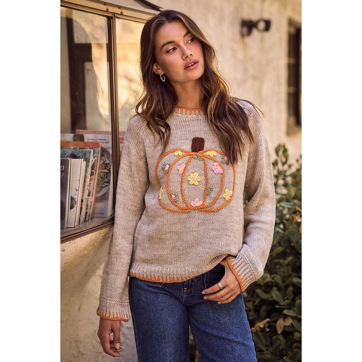 Pumpkin Embroidered Sweater