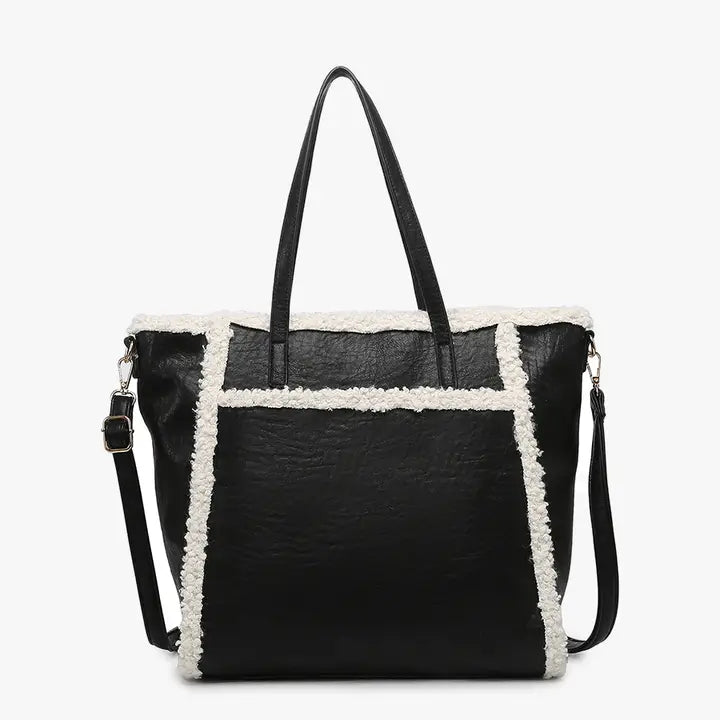 Black Lulu Sherpa Trim Tote w/ Front Pocket
