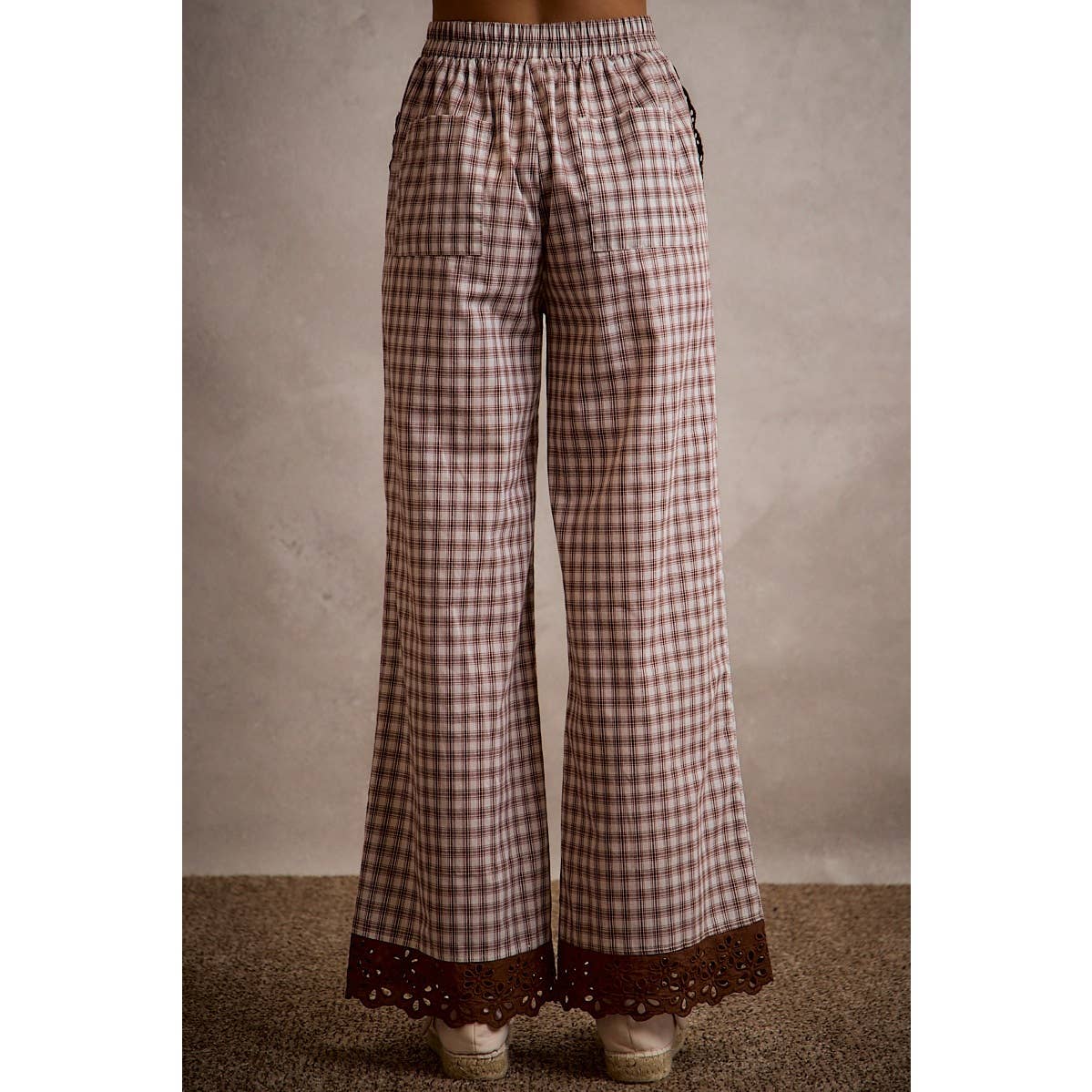 Gingham Lace Trim Wide Leg Pant