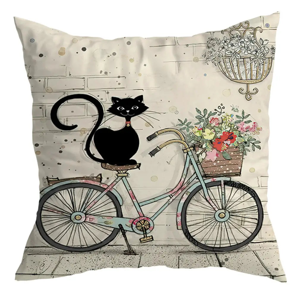 Vintage Black Cat & Bicycle Pillow