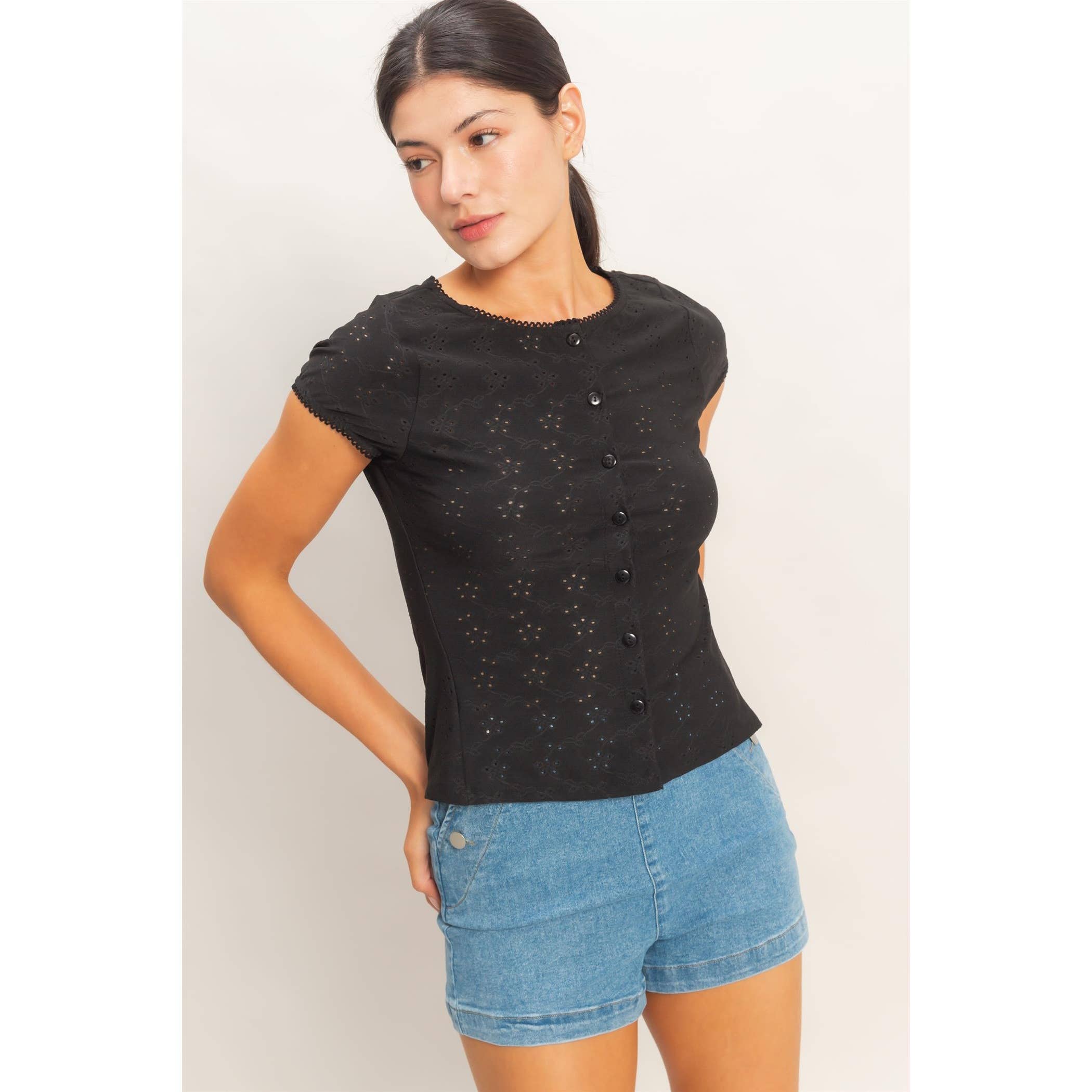 Black Eyelet Button Front Top
