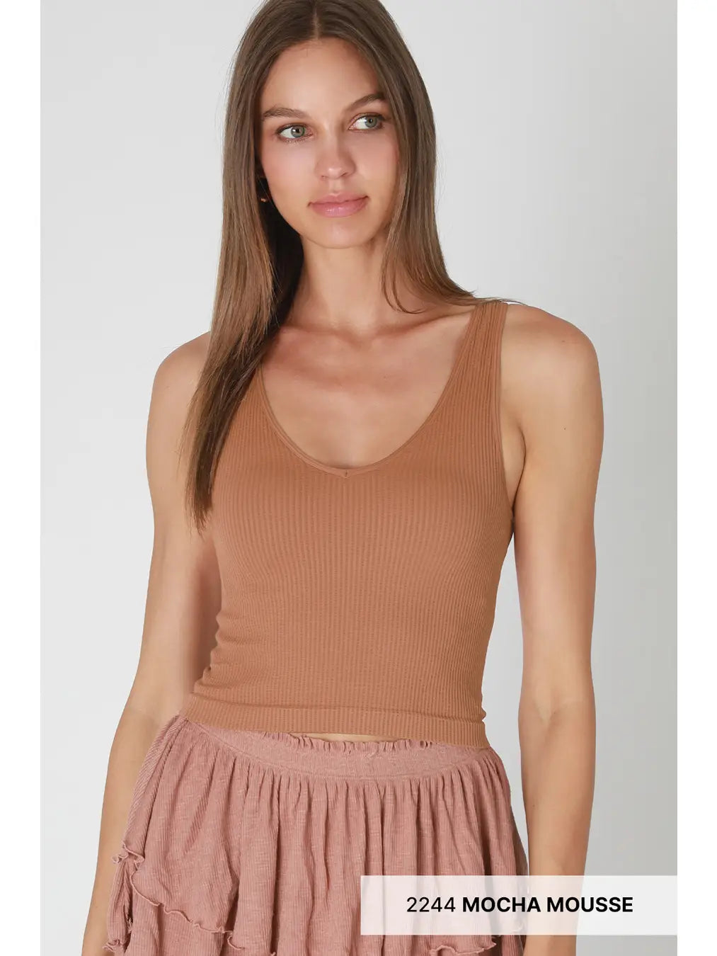 Ribbed Knit Crop Top – Convertible Neckline- Mocha Mousse
