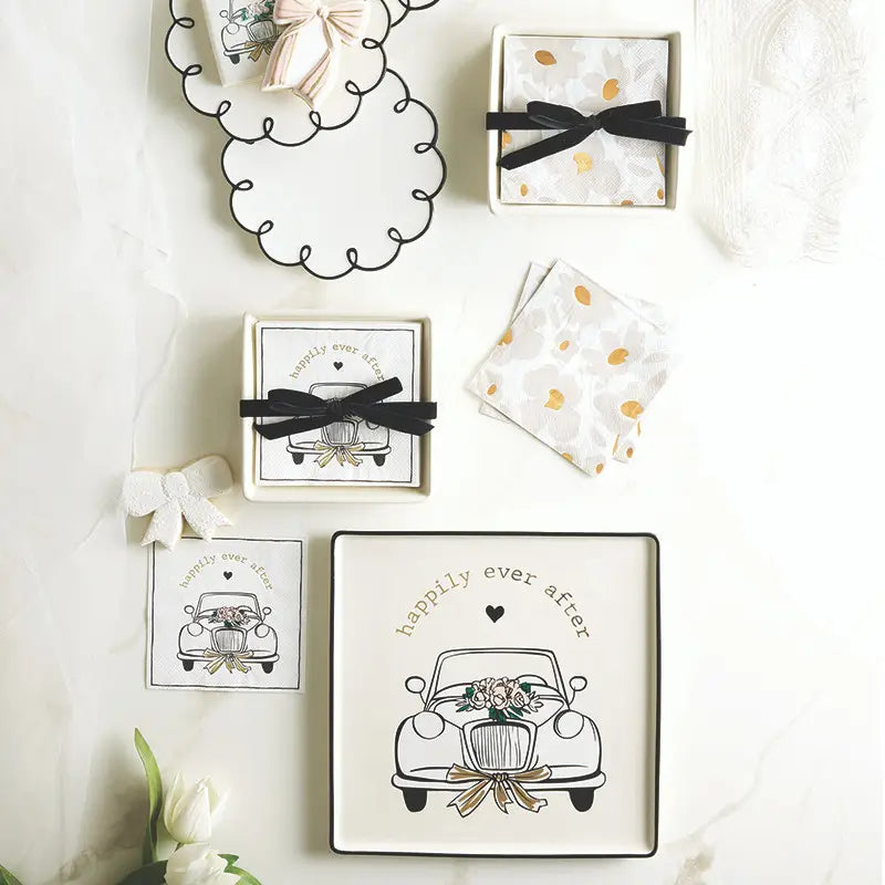 Wedding Car Ceramic Platter – Square Serving Tray with Gold Foil Detail