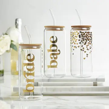 Gold Foil Iced Coffee Glass Tumbler – 20 oz with Bamboo Lid & Glass Straw