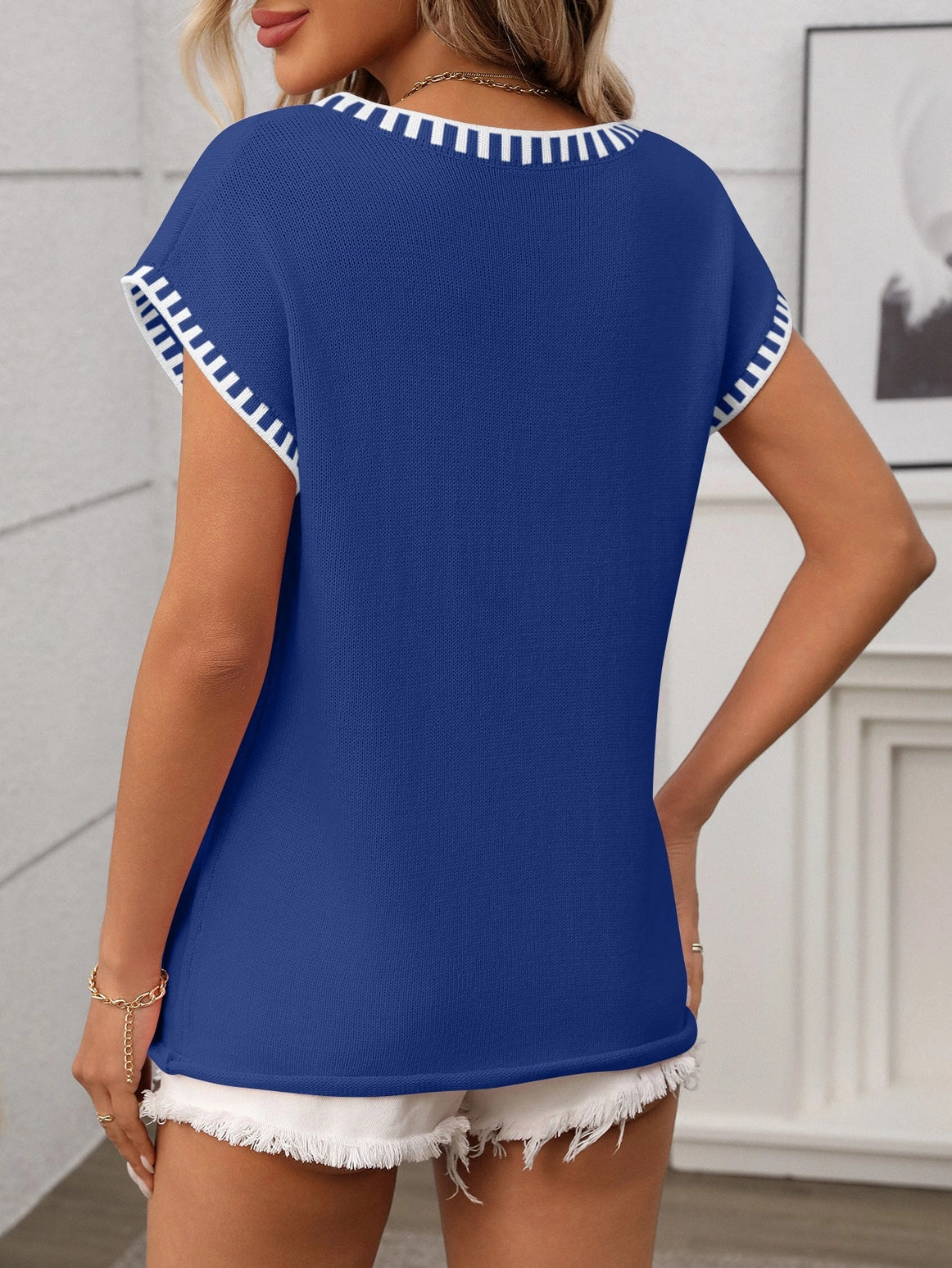 V-Neck Cap Sleeve Solid Knit Pullover