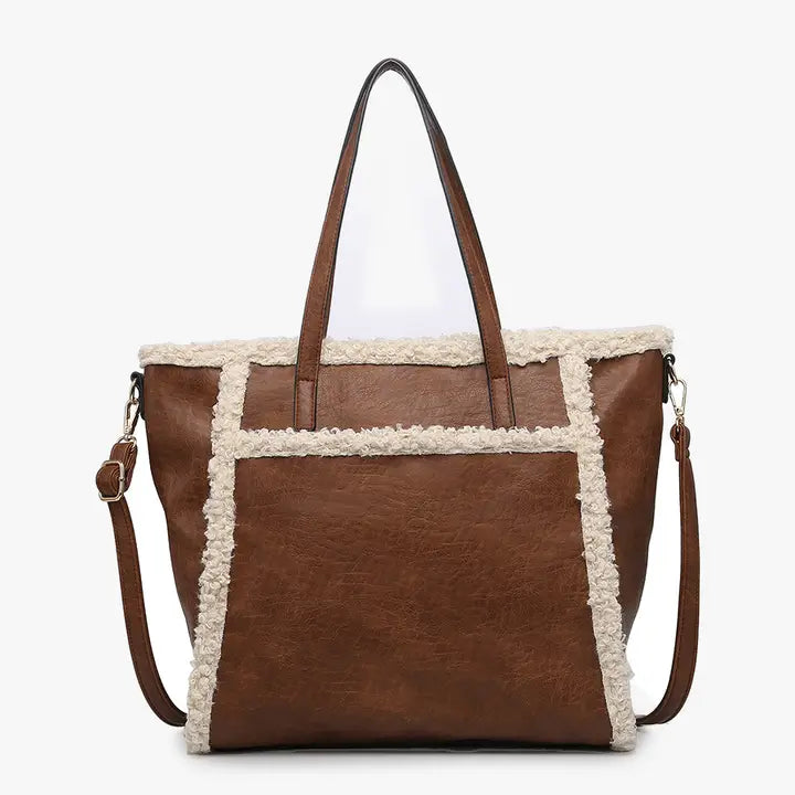 Chestnut Lulu Sherpa Trim Tote w/ Front Pocket