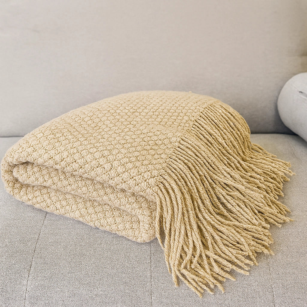 Knit Textured Throw Blanket with Fringe