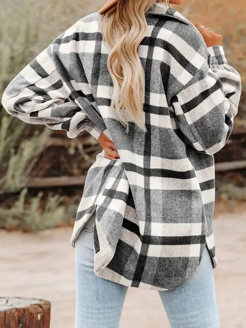 Black & White Plaid Button Flannel Shirt Jacket